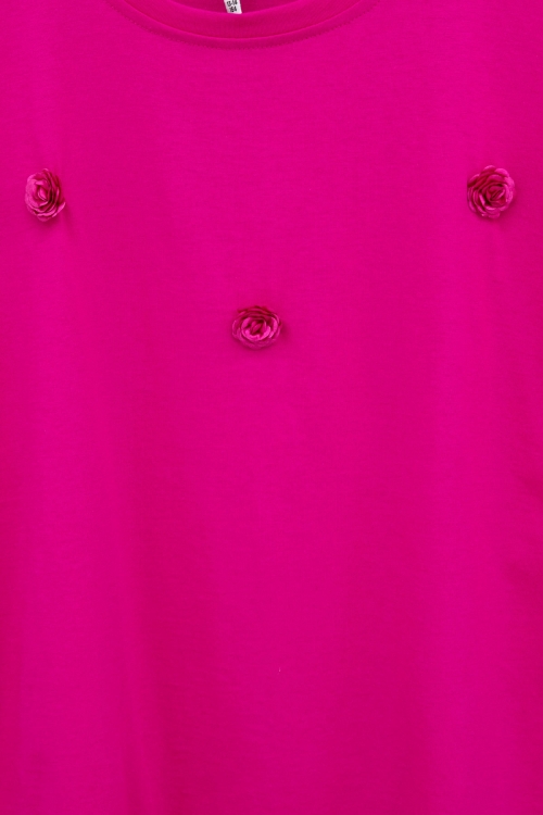 Fuşya Gül Nakış Detaylı Kısa Kol Kız Çocuk Oversize Tişört 20806