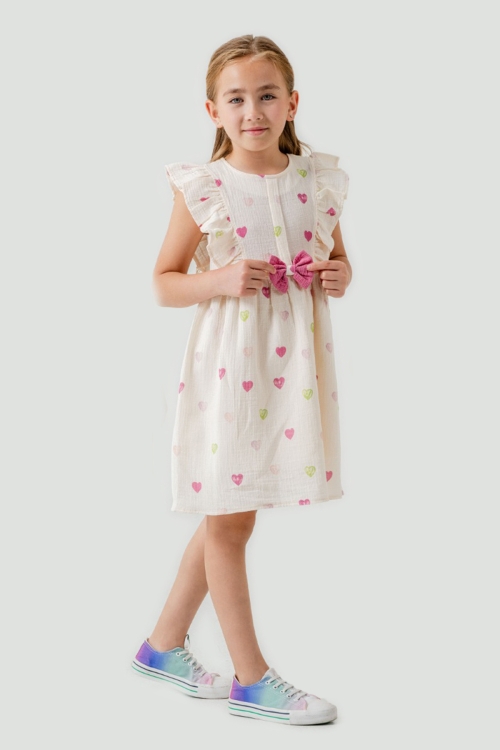 Fuşya Kalp Baskılı Fiyonk Detaylı Müslin Kız Çocuk Elbise 21082