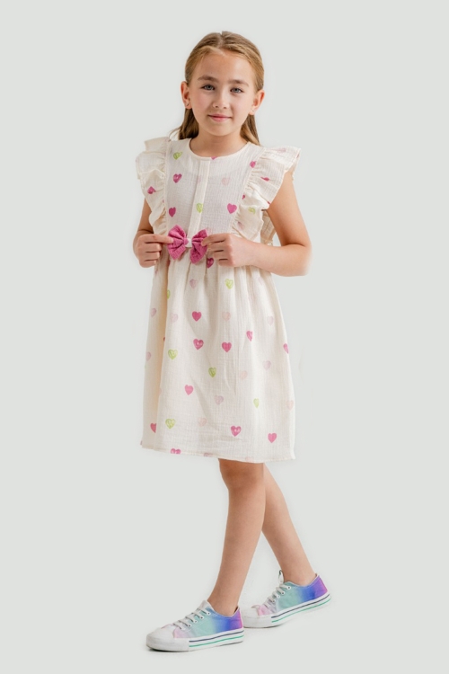 Fuşya Kalp Baskılı Fiyonk Detaylı Müslin Kız Çocuk Elbise 21082