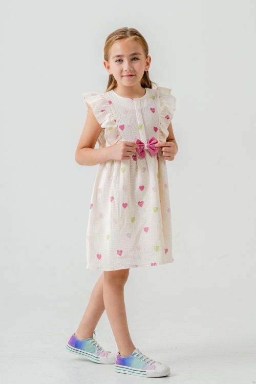 Fuşya Kalp Baskılı Fiyonk Detaylı Müslin Kız Çocuk Elbise 21082