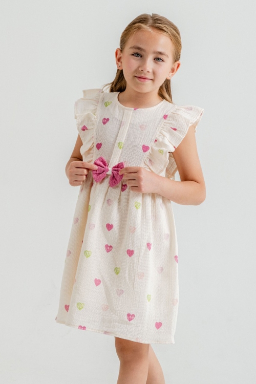 Fuşya Kalp Baskılı Fiyonk Detaylı Müslin Kız Çocuk Elbise 21082