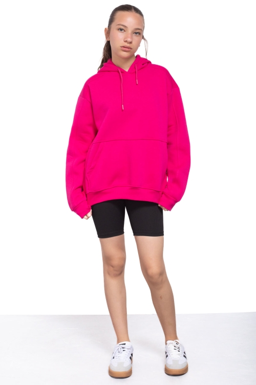 Fuşya Kanguru Cepli Basic Şardonlu Kız Çocuk Kapüşonlu Sweatshirt 21206