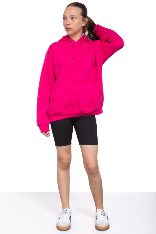 Fuşya Kanguru Cepli Basic Şardonlu Kız Çocuk Kapüşonlu Sweatshirt 21206