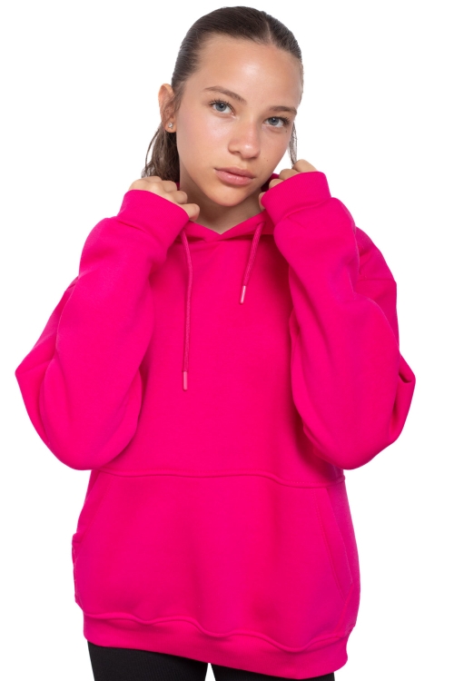 Fuşya Kanguru Cepli Basic Şardonlu Kız Çocuk Kapüşonlu Sweatshirt 21206