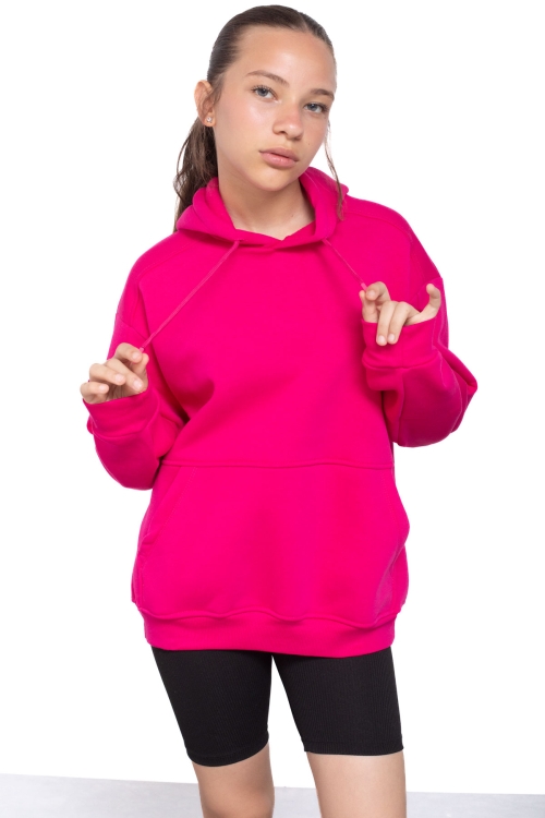Fuşya Kanguru Cepli Basic Şardonlu Kız Çocuk Kapüşonlu Sweatshirt 21206