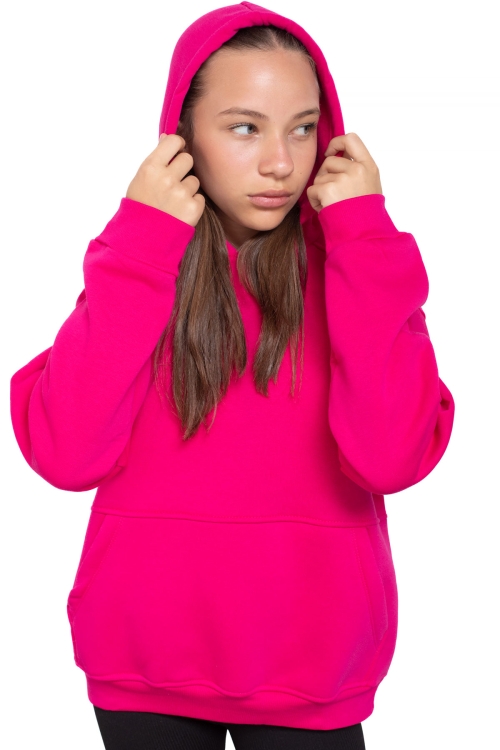 Fuşya Kanguru Cepli Basic Şardonlu Kız Çocuk Kapüşonlu Sweatshirt 21206