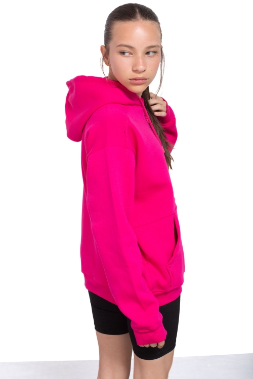 Fuşya Kanguru Cepli Basic Şardonlu Kız Çocuk Kapüşonlu Sweatshirt 21206