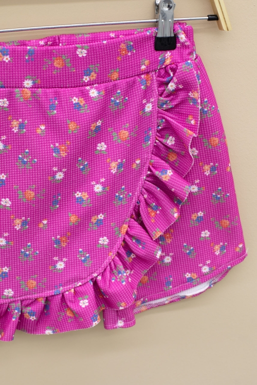 Fuşya Kolları Fırfırlı Çiçek Desenli Şort Etekli 2li Takım 20718