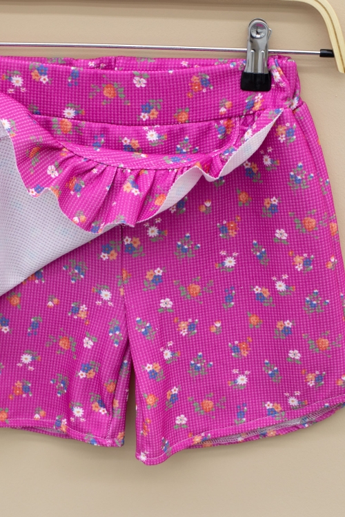 Fuşya Kolları Fırfırlı Çiçek Desenli Şort Etekli 2li Takım 20718