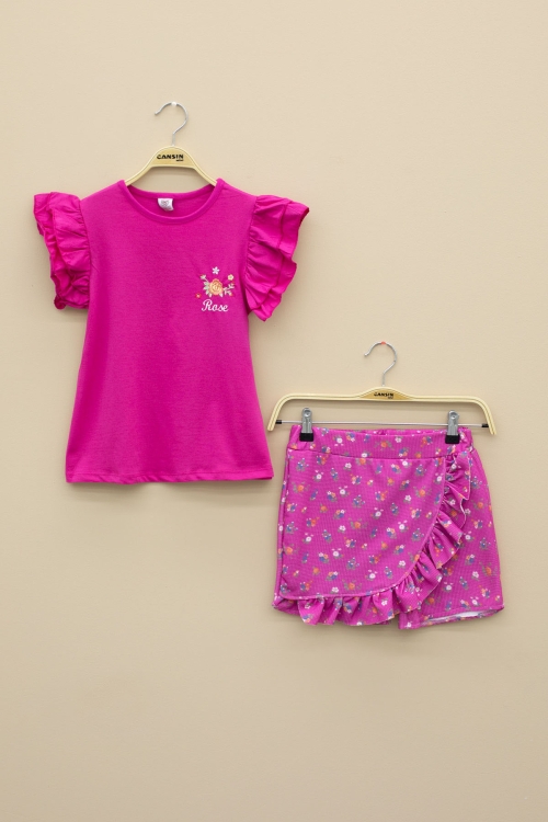 Fuşya Kolları Fırfırlı Çiçek Desenli Şort Etekli 2li Takım 20718