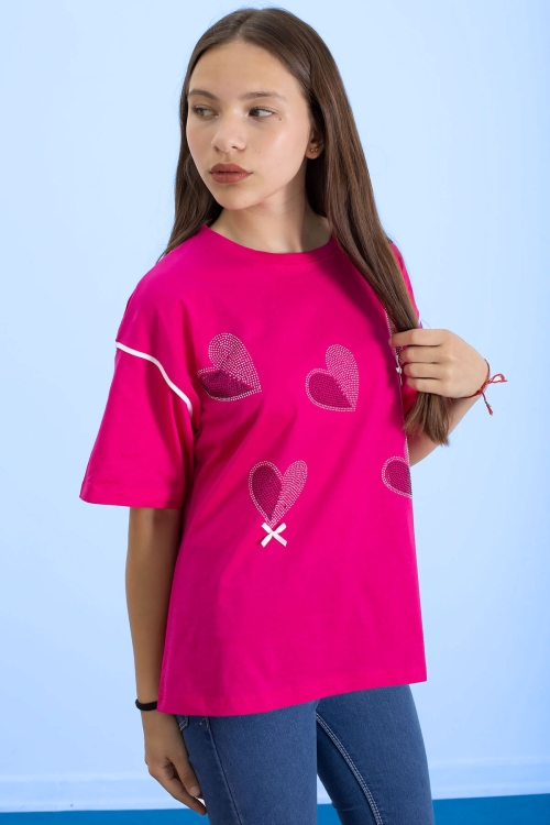 Fuşya Kolu Şerit Detaylı Payetli Kız Çocuk Oversize Tişört 20811
