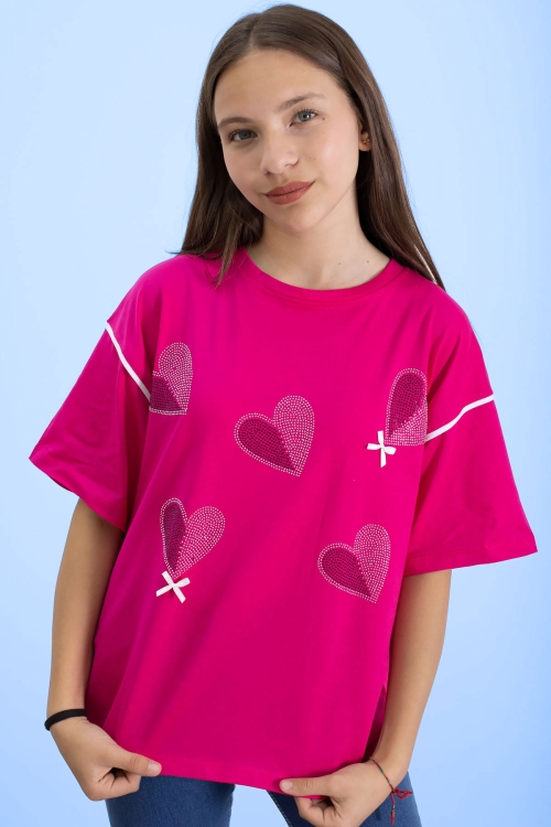 Fuşya Kolu Şerit Detaylı Payetli Kız Çocuk Oversize Tişört 20811