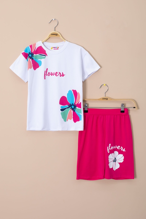 Fuşya Omzu Çiçek Baskılı Tİşörtlü Şortlu Kız Çocuk 2li Takım 21068
