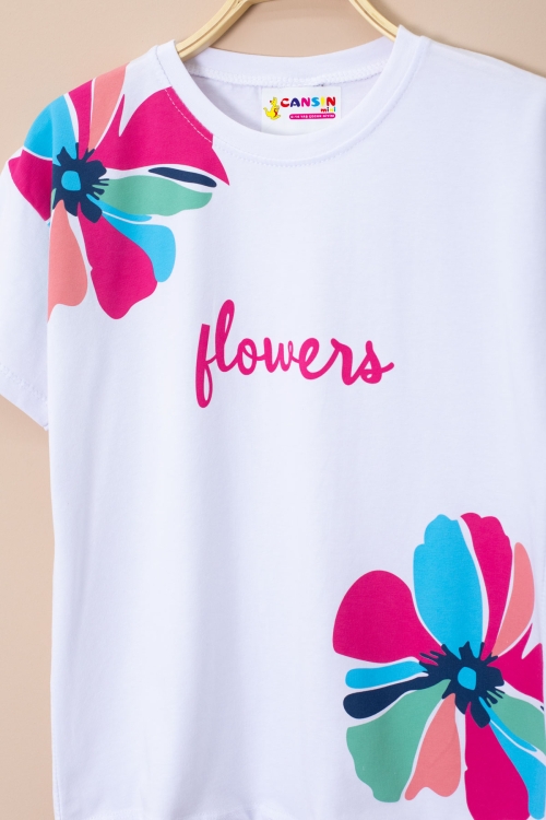 Fuşya Omzu Çiçek Baskılı Tİşörtlü Şortlu Kız Çocuk 2li Takım 21068