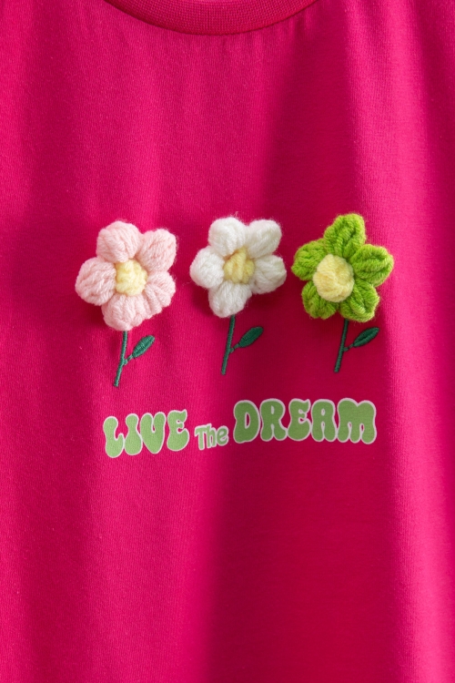 Fuşya Papatya Nakışlı Bisiklet Yaka Kız Çocuk Tişört 20983