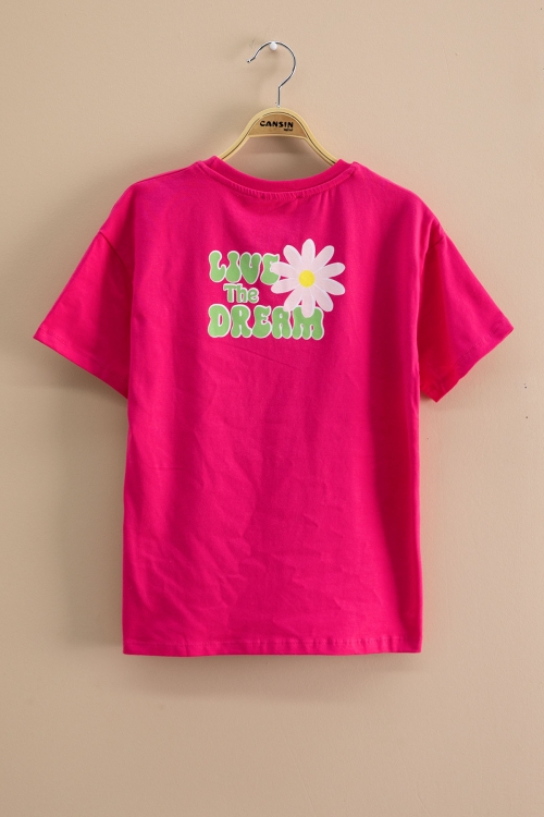 Fuşya Papatya Nakışlı Bisiklet Yaka Kız Çocuk Tişört 20983