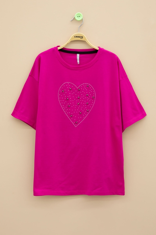 Fuşya Payetli Kalp Desenli Kısa Kol Kız Çocuk Oversize Tişört 20792