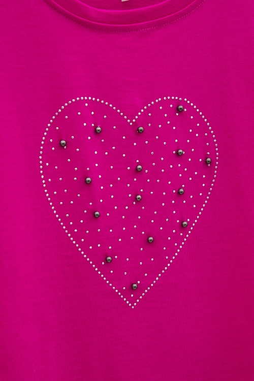Fuşya Payetli Kalp Desenli Kısa Kol Kız Çocuk Oversize Tişört 20792