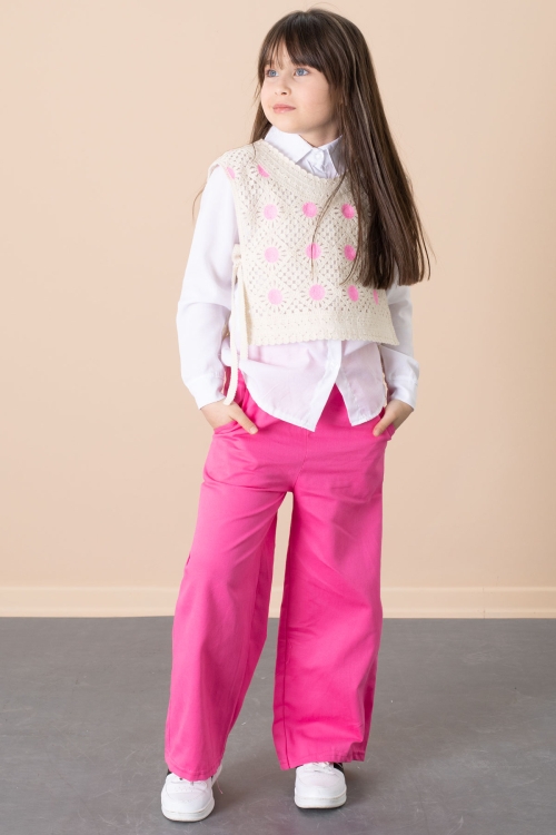 Fuşya Puantiyeli Süveterli Pantolonlu Kız Çocuk Gömlekli 3lü Takım 20685