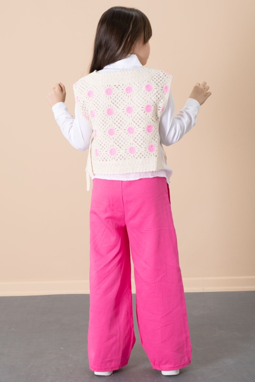 Fuşya Puantiyeli Süveterli Pantolonlu Kız Çocuk Gömlekli 3lü Takım 20685