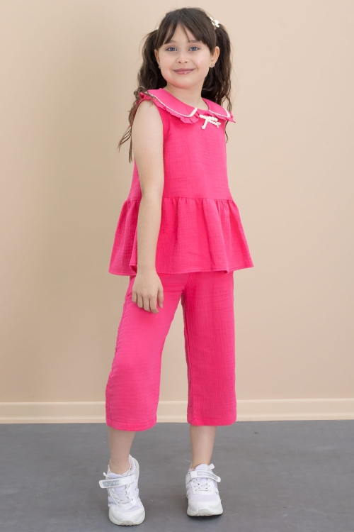 Fuşya Sıfır Kol Bebe Yaka Bluzlu Pantolonlu Kız Çocuk 2li Takım 21031