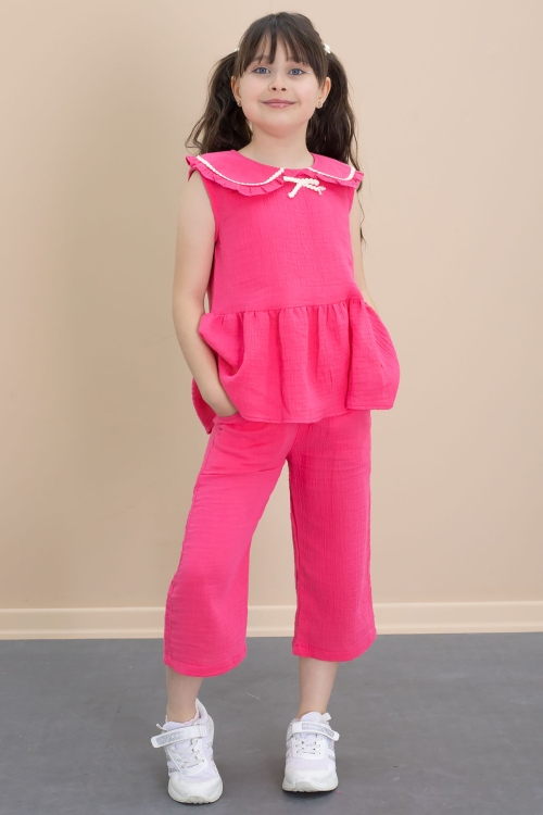 Fuşya Sıfır Kol Bebe Yaka Bluzlu Pantolonlu Kız Çocuk 2li Takım 21031