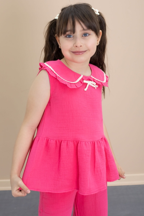 Fuşya Sıfır Kol Bebe Yaka Bluzlu Pantolonlu Kız Çocuk 2li Takım 21031