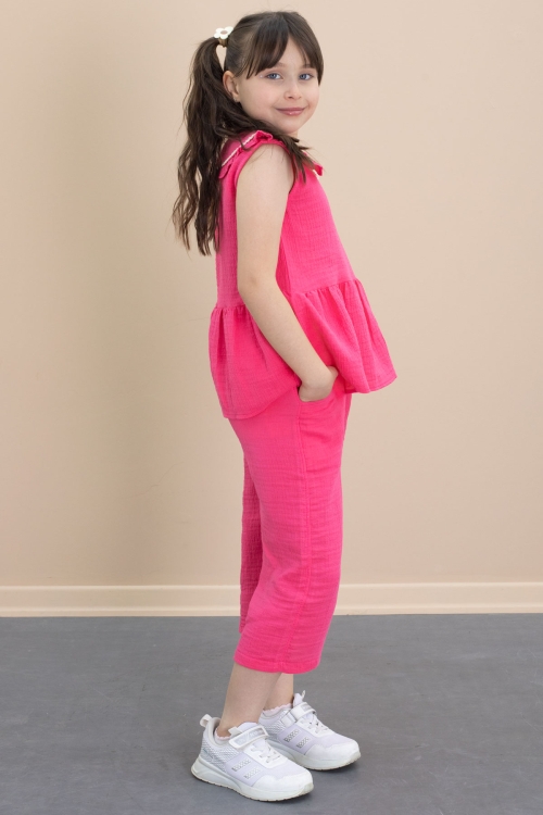 Fuşya Sıfır Kol Bebe Yaka Bluzlu Pantolonlu Kız Çocuk 2li Takım 21031