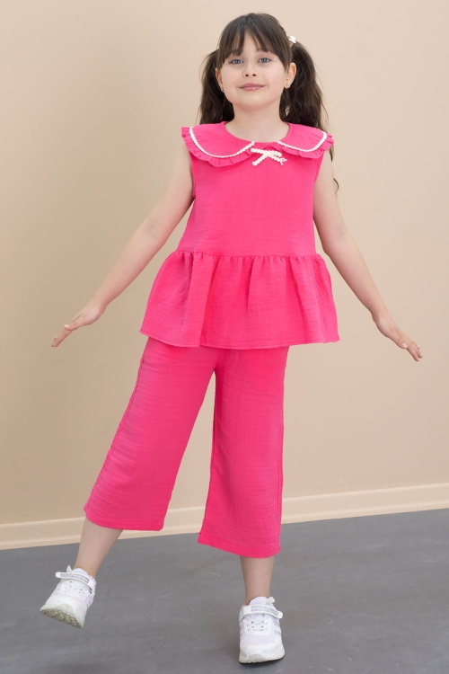 Fuşya Sıfır Kol Bebe Yaka Bluzlu Pantolonlu Kız Çocuk 2li Takım 21031