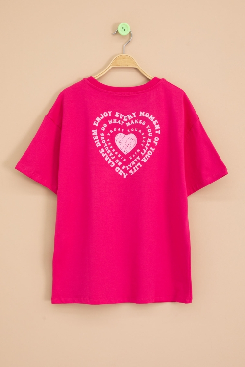 Fuşya Sırtı Kalp Baskılı Yazılı Kız Çocuk Bisiklet Yaka Tişört 20969