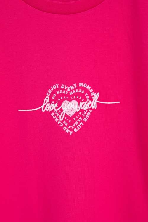 Fuşya Sırtı Kalp Baskılı Yazılı Kız Çocuk Bisiklet Yaka Tişört 20969