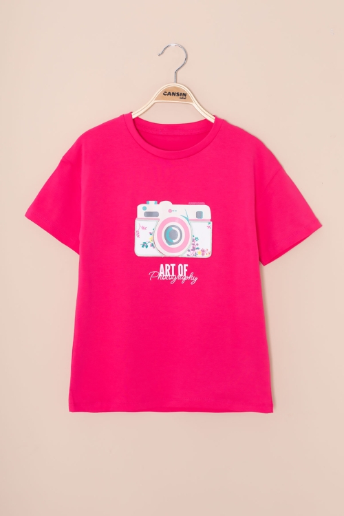Fuşya Sırtı Yazılı Fotoğraf Baskılı Kız Çocuk Bisiklet Yaka Tişört 20981