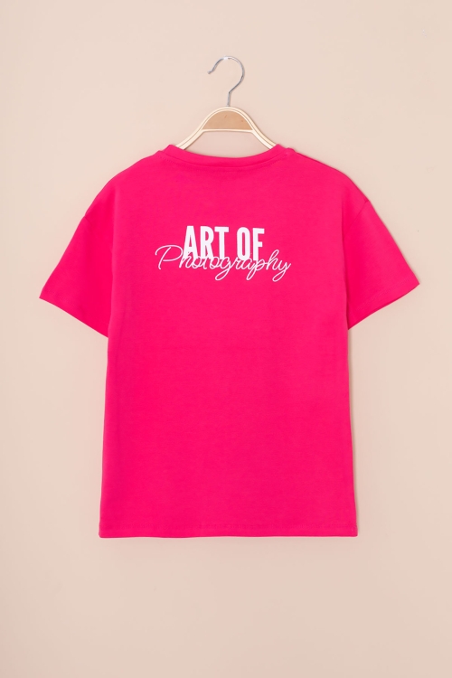Fuşya Sırtı Yazılı Fotoğraf Baskılı Kız Çocuk Bisiklet Yaka Tişört 20981