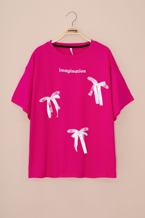 Fuşya Yazı Baskılı Fiyonklu Kız Çocuk Kısa Kol Oversize Tişört 20804