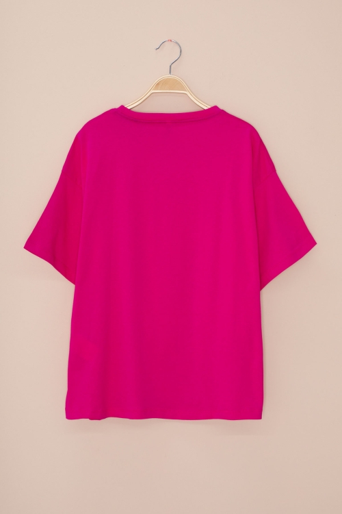 Fuşya Yazı Baskılı Fiyonklu Kız Çocuk Kısa Kol Oversize Tişört 20804