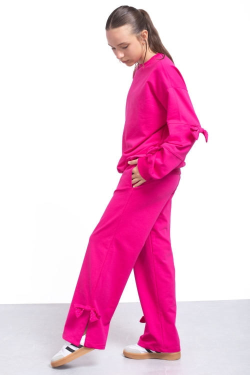 Fuşya Yırtmaçlı Paça Fiyonk Detaylı Kız Çocuk 2li Eşofman Takımı 21212