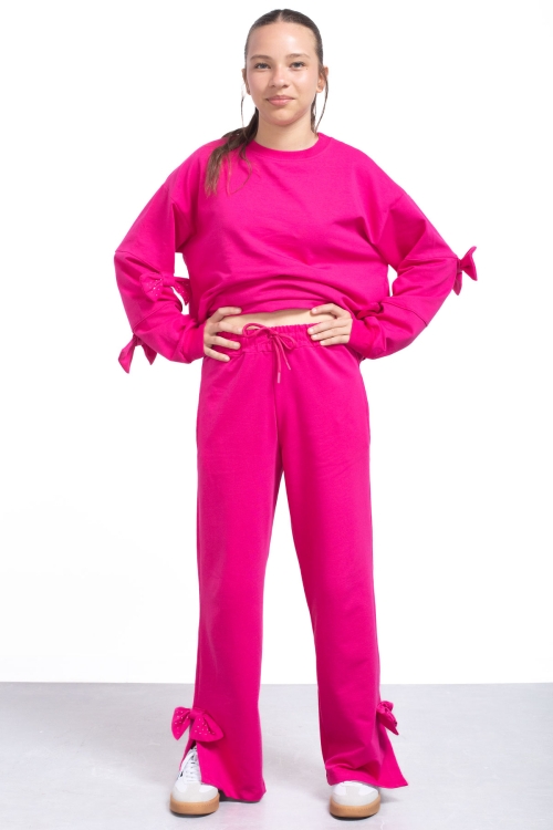 Fuşya Yırtmaçlı Paça Fiyonk Detaylı Kız Çocuk 2li Eşofman Takımı 21212