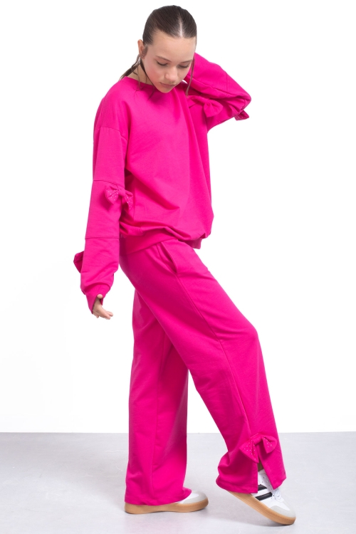 Fuşya Yırtmaçlı Paça Fiyonk Detaylı Kız Çocuk 2li Eşofman Takımı 21212