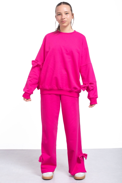 Fuşya Yırtmaçlı Paça Fiyonk Detaylı Kız Çocuk 2li Eşofman Takımı 21212