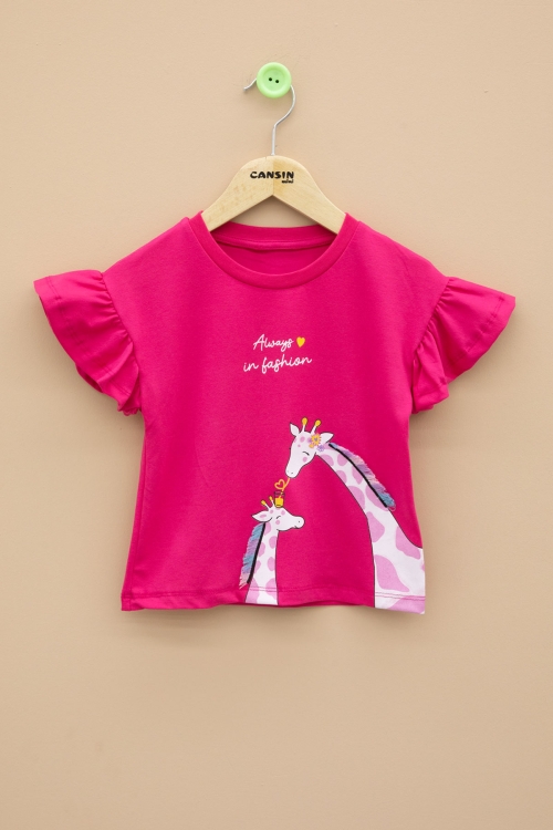 Fuşya Zürafa Baskılı Fırfırlı Kız Bebek Kısa Kol Tişört 20995