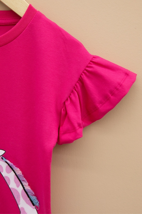 Fuşya Zürafa Baskılı Fırfırlı Kız Bebek Kısa Kol Tişört 20995