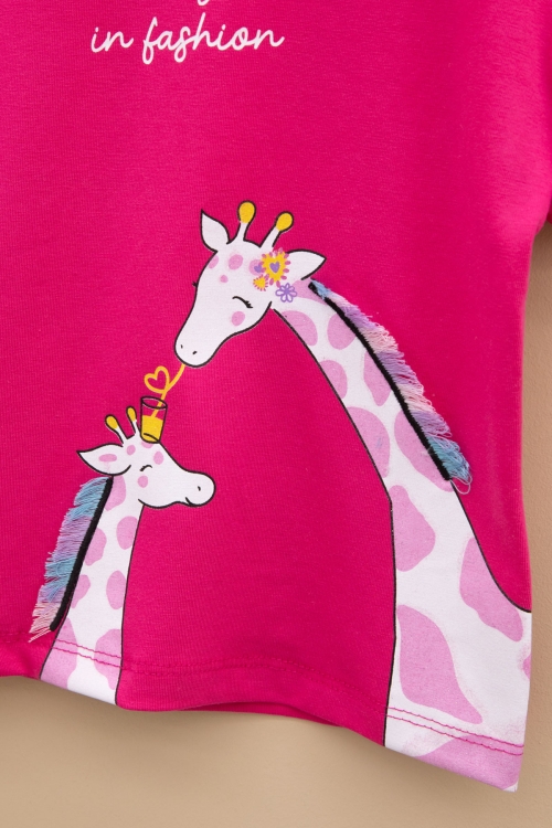 Fuşya Zürafa Baskılı Fırfırlı Kız Bebek Kısa Kol Tişört 20995