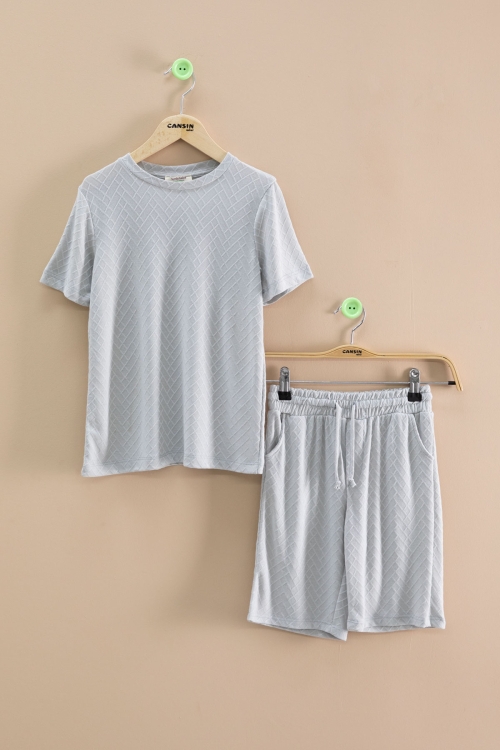 Gri Çizgi Desenli Bisiklet Yaka Tişörtlü Erkek Çocuk Şortlu Takım 20785