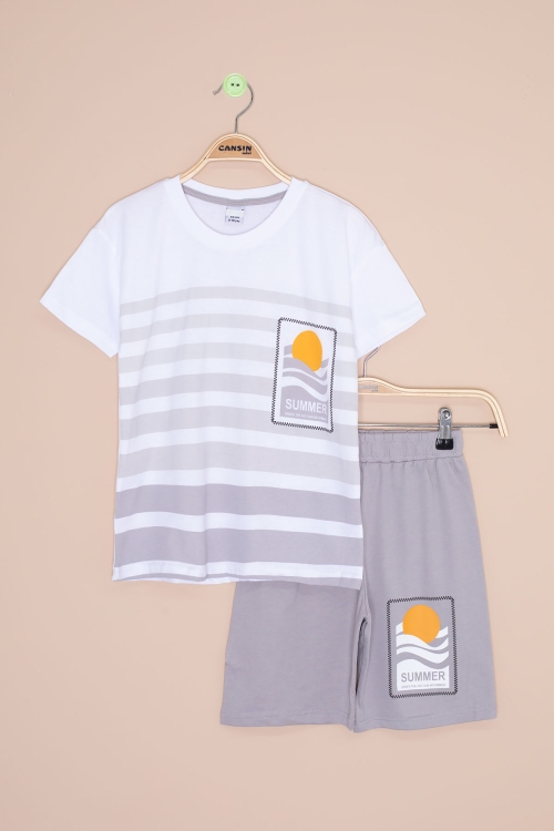Gri Çizgi Desenli Summer Baskı Erkek Çocuk Şortlu Takım 20649