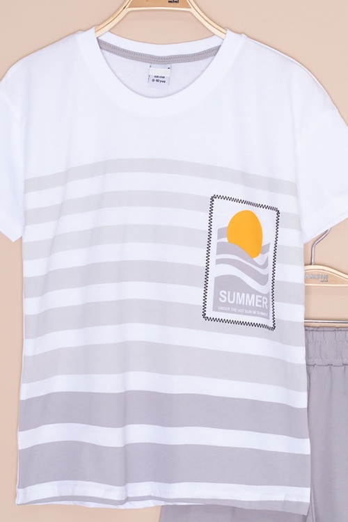 Gri Çizgi Desenli Summer Baskı Erkek Çocuk Şortlu Takım 20649