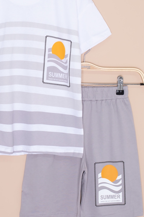 Gri Çizgi Desenli Summer Baskı Erkek Çocuk Şortlu Takım 20649
