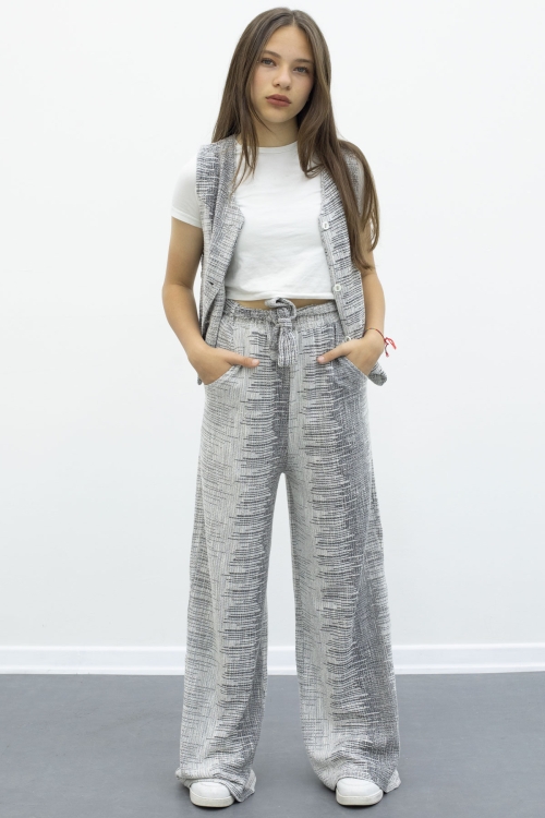 Gri Düğmeli Yelekli Geniş Paça Kuşaklı Pantolonlu Kız Çocuk 2li Takım 21013