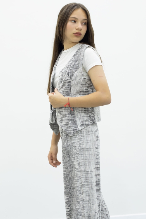 Gri Düğmeli Yelekli Geniş Paça Kuşaklı Pantolonlu Kız Çocuk 2li Takım 21013