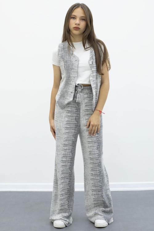 Gri Düğmeli Yelekli Geniş Paça Kuşaklı Pantolonlu Kız Çocuk 2li Takım 21013