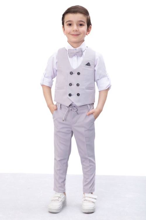 Gri Düğmeli Yelekli Papyonlu Gömlekli Erkek Çocuk 4lü Takım Elbise 20544
